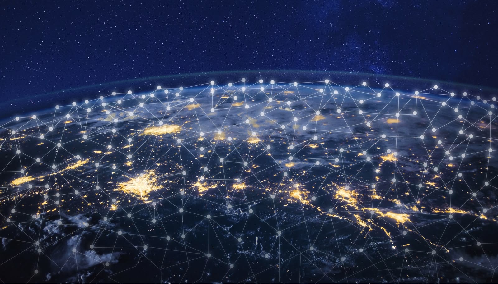 Global network map over Earth at night, representing WRE's worldwide reach