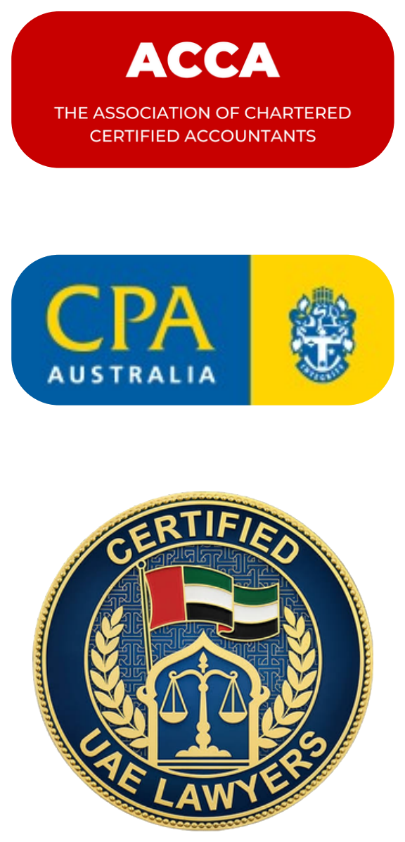 ACCA (Association of Chartered Certified Accountants), CPA Australia, and Certified UAE Lawyers accreditation badges
